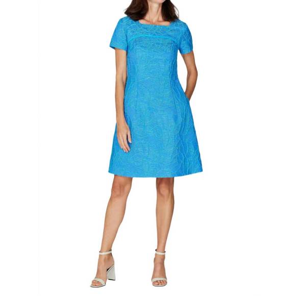 NEW EMMELLE abstract botanic stretch jacquard fit & flare dress in blue - Picture 1 of 3